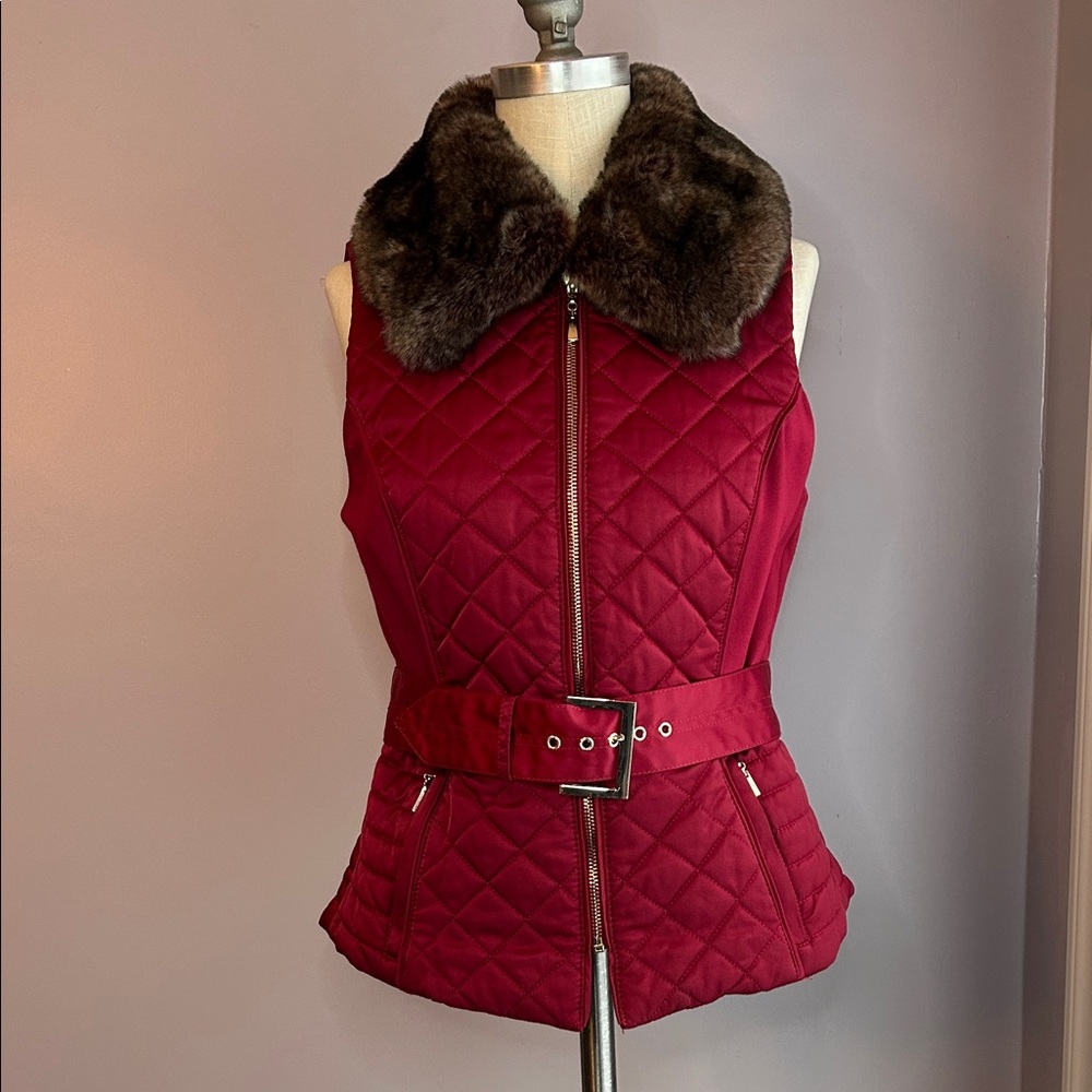 White House Black Market Deep Red Quilted Vest with Removable Faux Fur Collar S